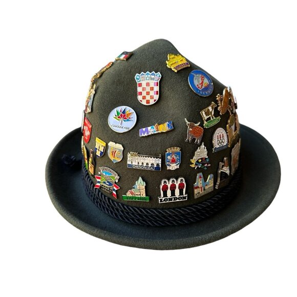 VTG Bavarian Wool Hat Oktoberfest Alpine Tyrolean Green German Travel Pins Small - Picture 2 of 12